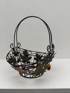 Sturdy Rustic Brown Metal Basket with Leaves and Acorn Accents